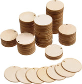 Stacks of round wooden tags on a white background