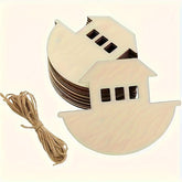 Set of wooden house-shaped cutouts with string on a white background