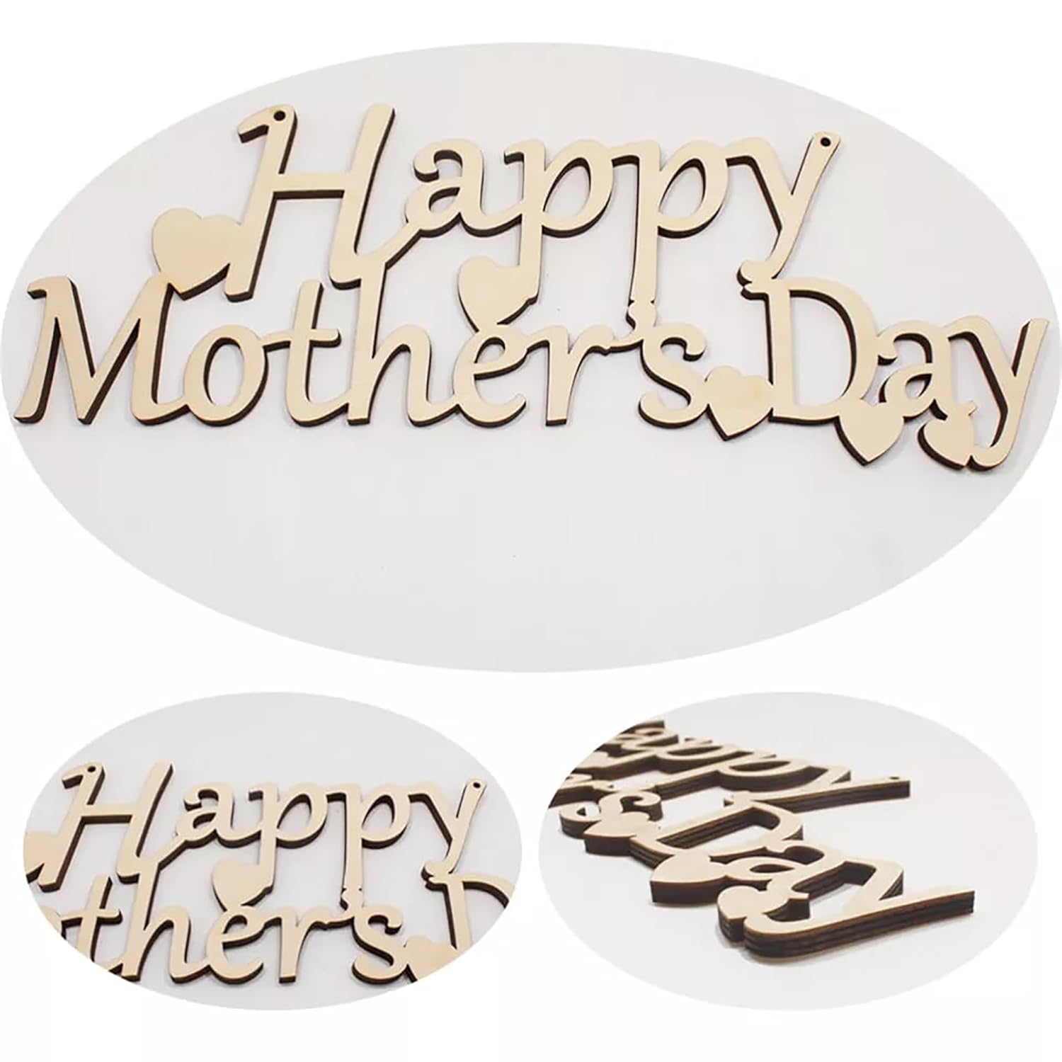 Wooden 'Happy Mother's Day' cutout on a white background