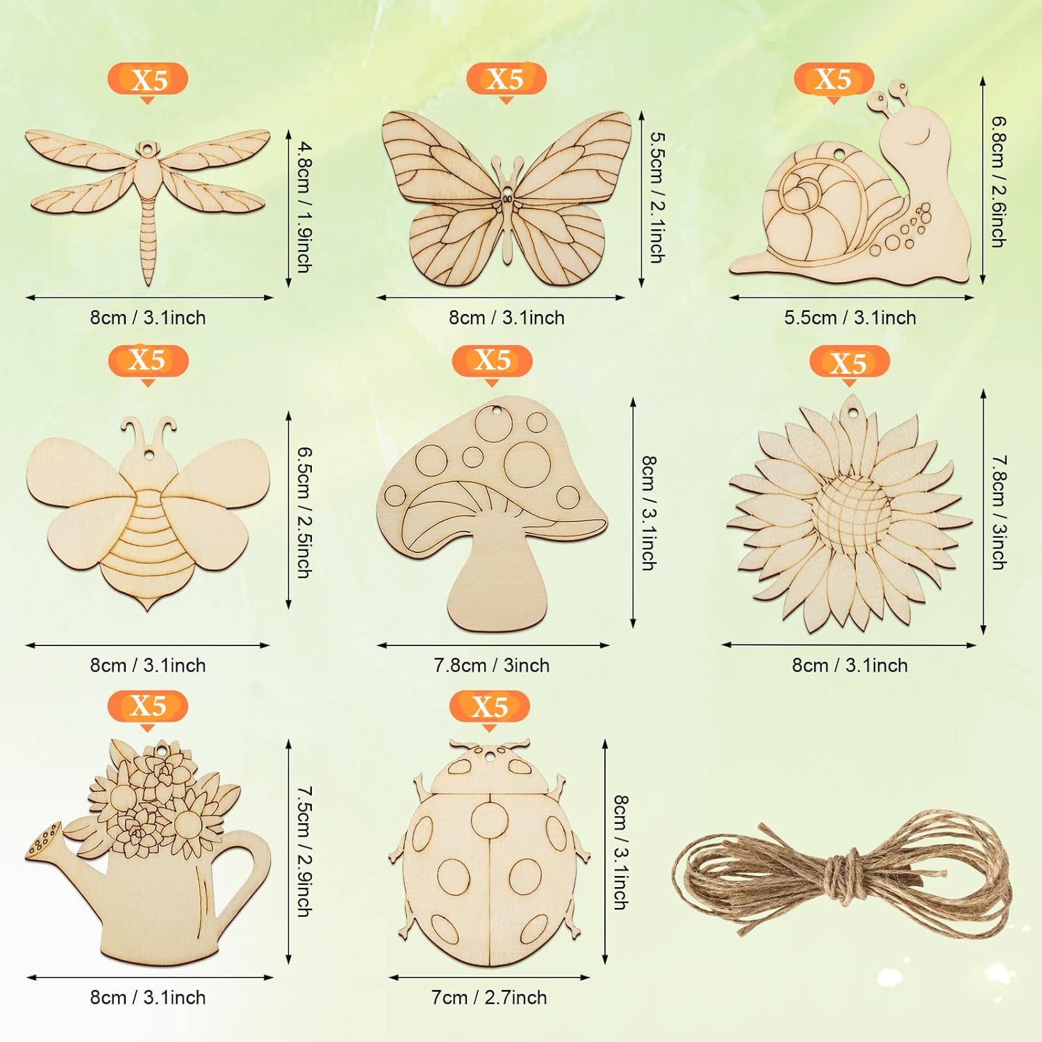 Set of wooden craft shapes with measurements on a light green background