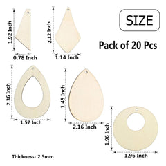 Cliths Pack of 20 Wooden Earring Blanks 5 Style Mix Pine MDF Dangle Charms for DIY Jewelry Making Lightweight Craft Blanks