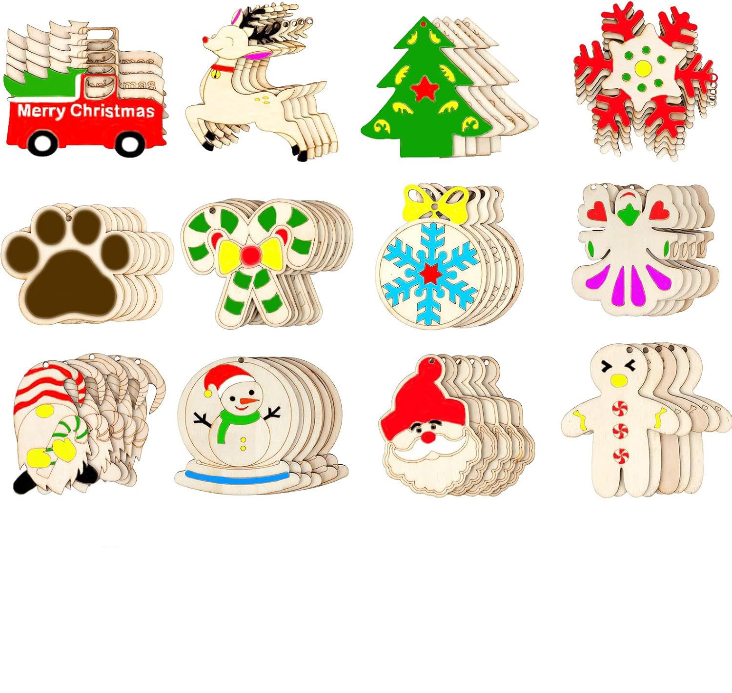 Collection of Christmas-themed wooden toys on a white background