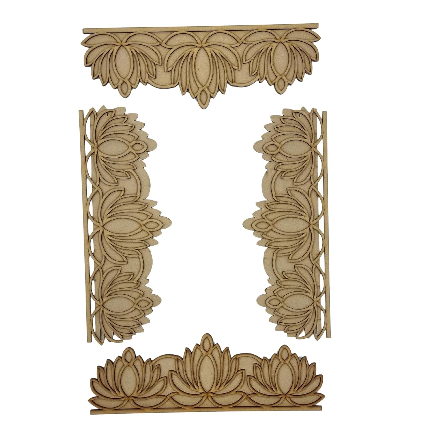 Decorative wooden elements with floral patterns on a white background