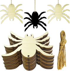 Halloween decorations including wooden spiders, black spider, and twine.