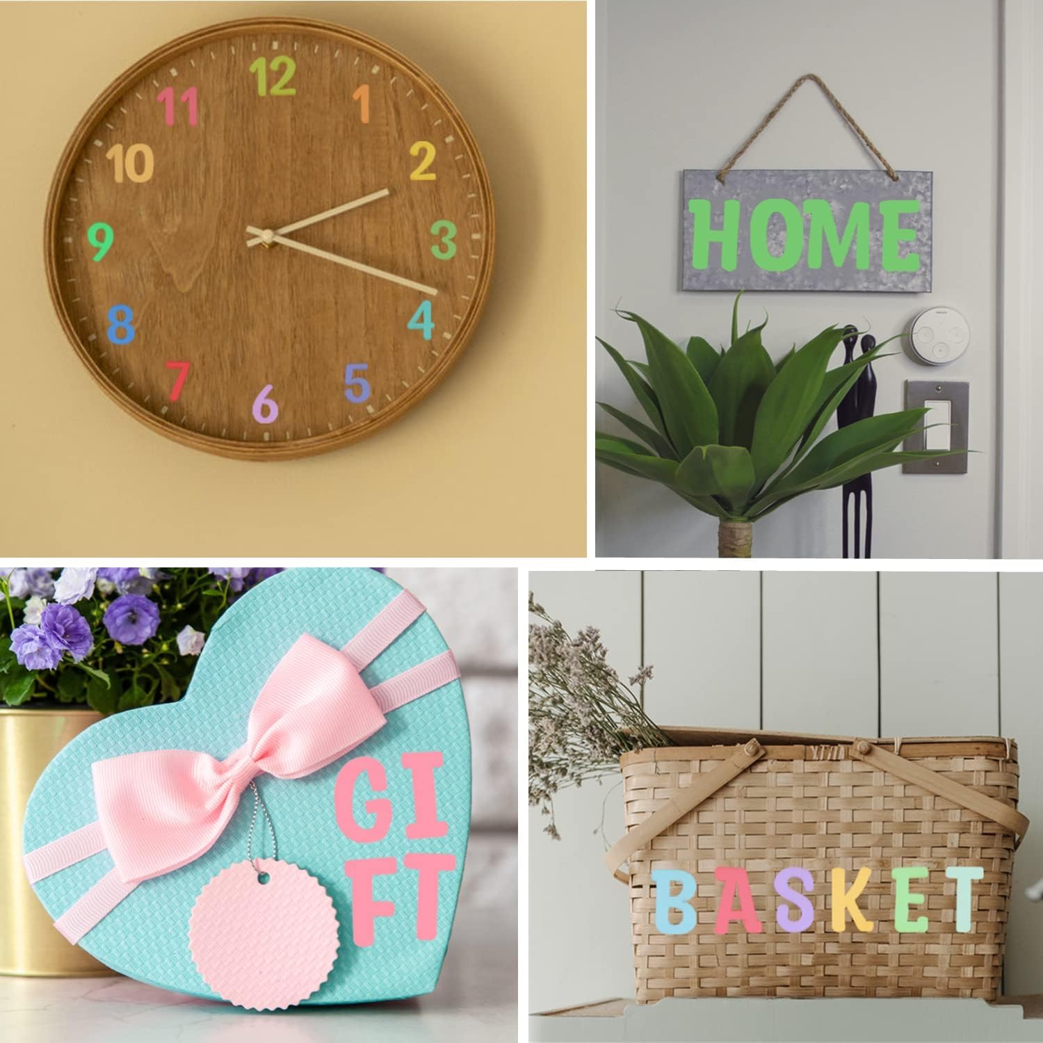 Collage of decorative items including a wooden clock, 'HOME' sign, 'GIFT' heart-shaped box, and 'BASKET' basket.