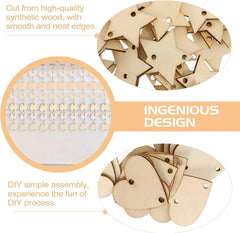 Wooden puzzle pieces with text describing their quality and assembly process.