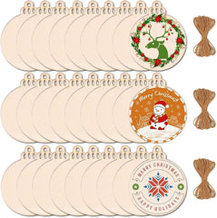 American Elm 24 Pcs Wooden Christmas Ornaments Circles with Holes DIY Craft Discs for Holiday Decor