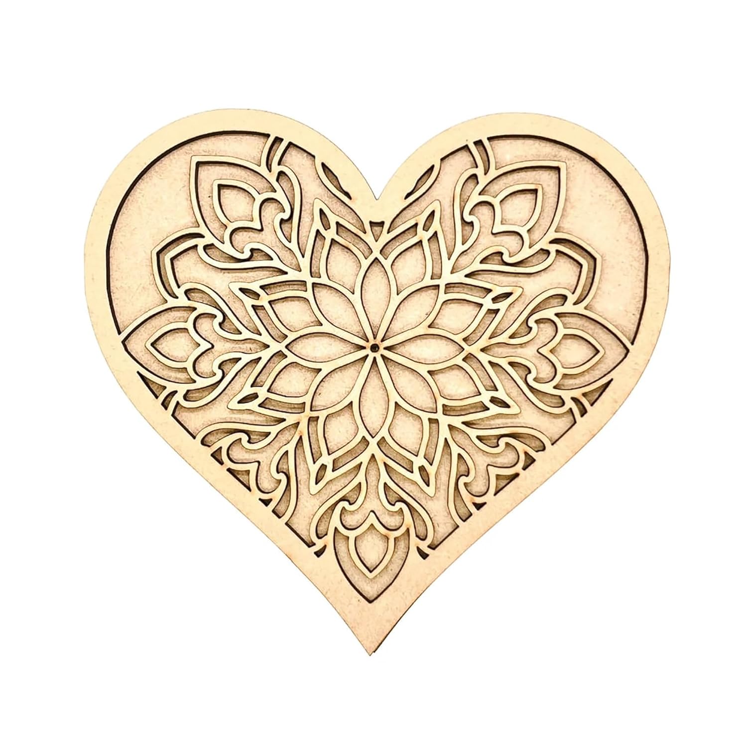 Decorative heart-shaped wooden cutout with intricate patterns on a white background