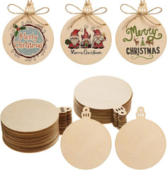 Set of round wooden Christmas ornaments with 'Merry Christmas' text and designs.