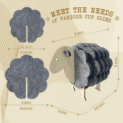 Sheep-shaped coaster set with measurements on a beige background