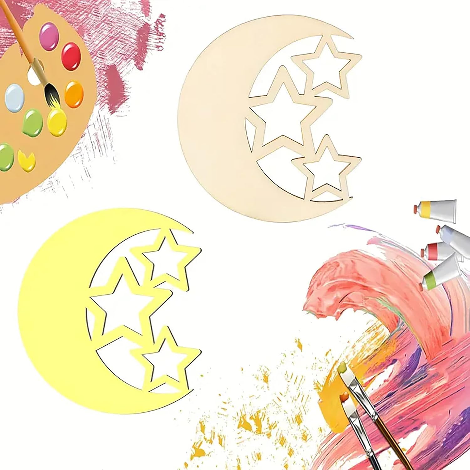 Decorative stencils of moons and stars with paintbrushes and a color palette on a colorful background.