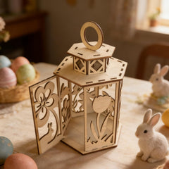 wooden Easter lantern decoration with bunny and flower design tabletop
