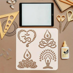 Stencils with yoga-themed designs on a brown surface with stationery items.
