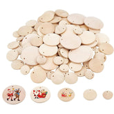Collection of wooden round tags with pre-drilled holes on a white background