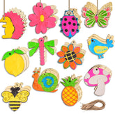 Collection of colorful wooden animal and nature-themed ornaments on a white background.