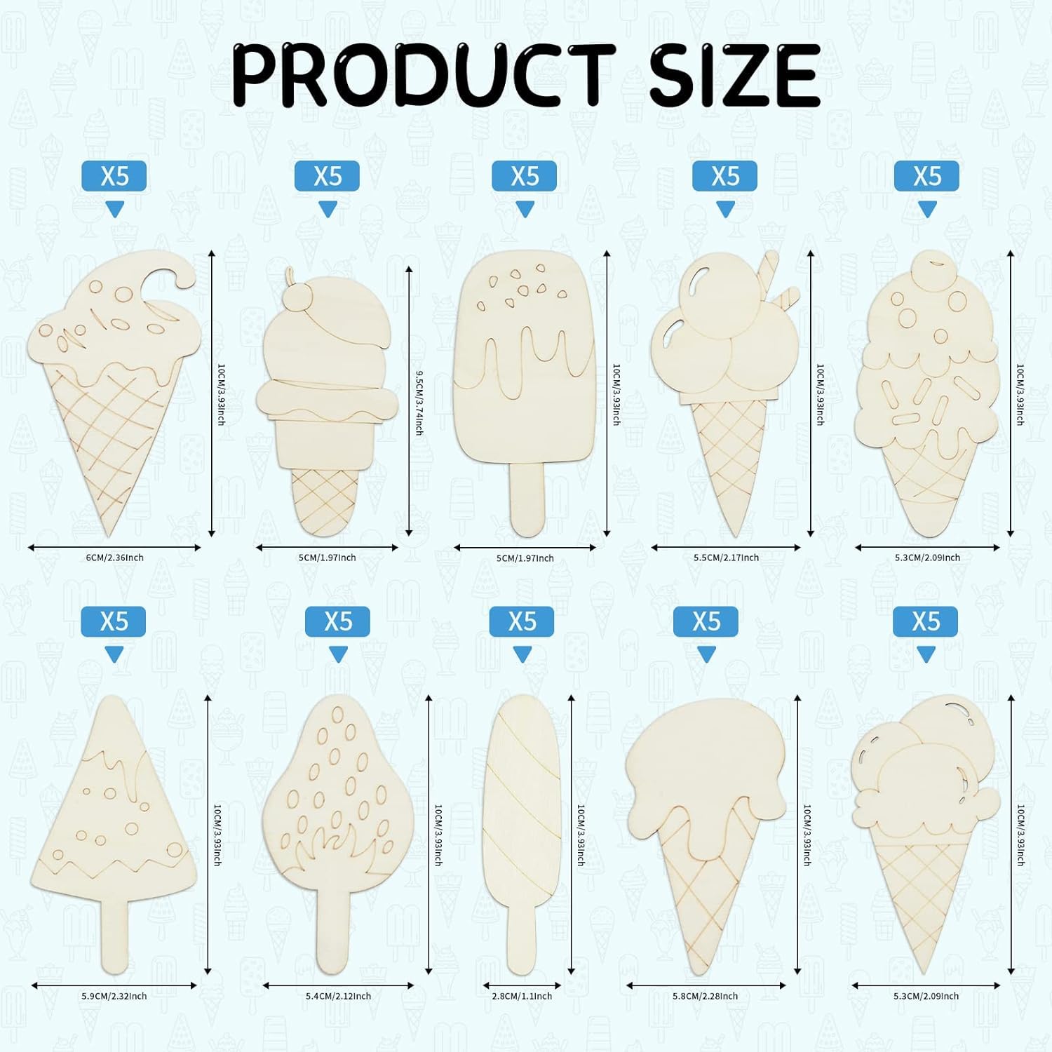 Product size chart showing various ice cream and popsicle shapes with dimensions.
