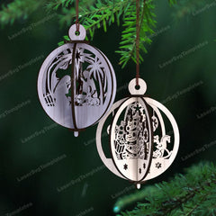 Two wooden Christmas ornaments with cut-out designs hanging on a green tree.