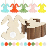 Colorful bunny-shaped decorations with wooden bunny shapes on a white background