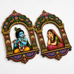 American Elm Set of 2 Radha Krishna Wooden Wall Hanging Decor for Pooja Room Living Room and Entryway Jharokha Design Wall Art