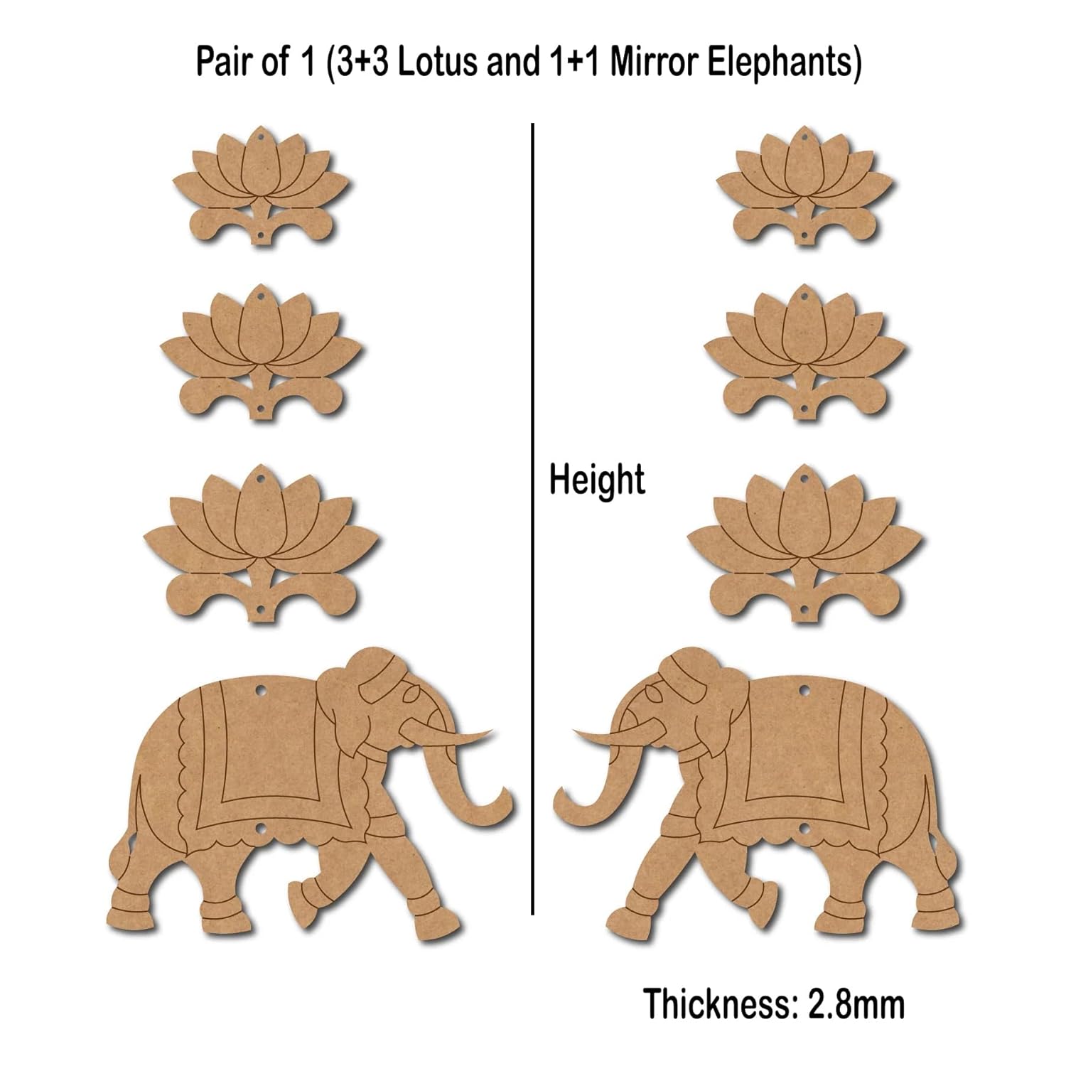 Wooden elephant and lotus decorations with height and thickness measurements on a white background