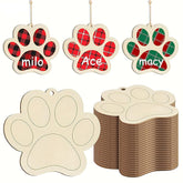Set of wooden paw-shaped tags with plaid patterns and names 'milo', 'Ace', and 'macy'.