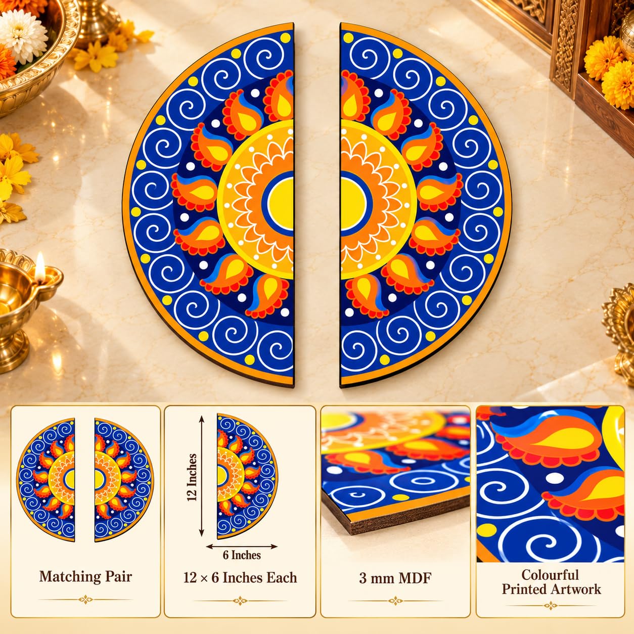 blue orange swirl design rangoli for Diwali decoration