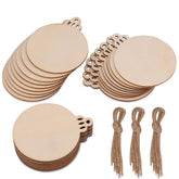 Stacks of wooden circles with jute strings on a white background