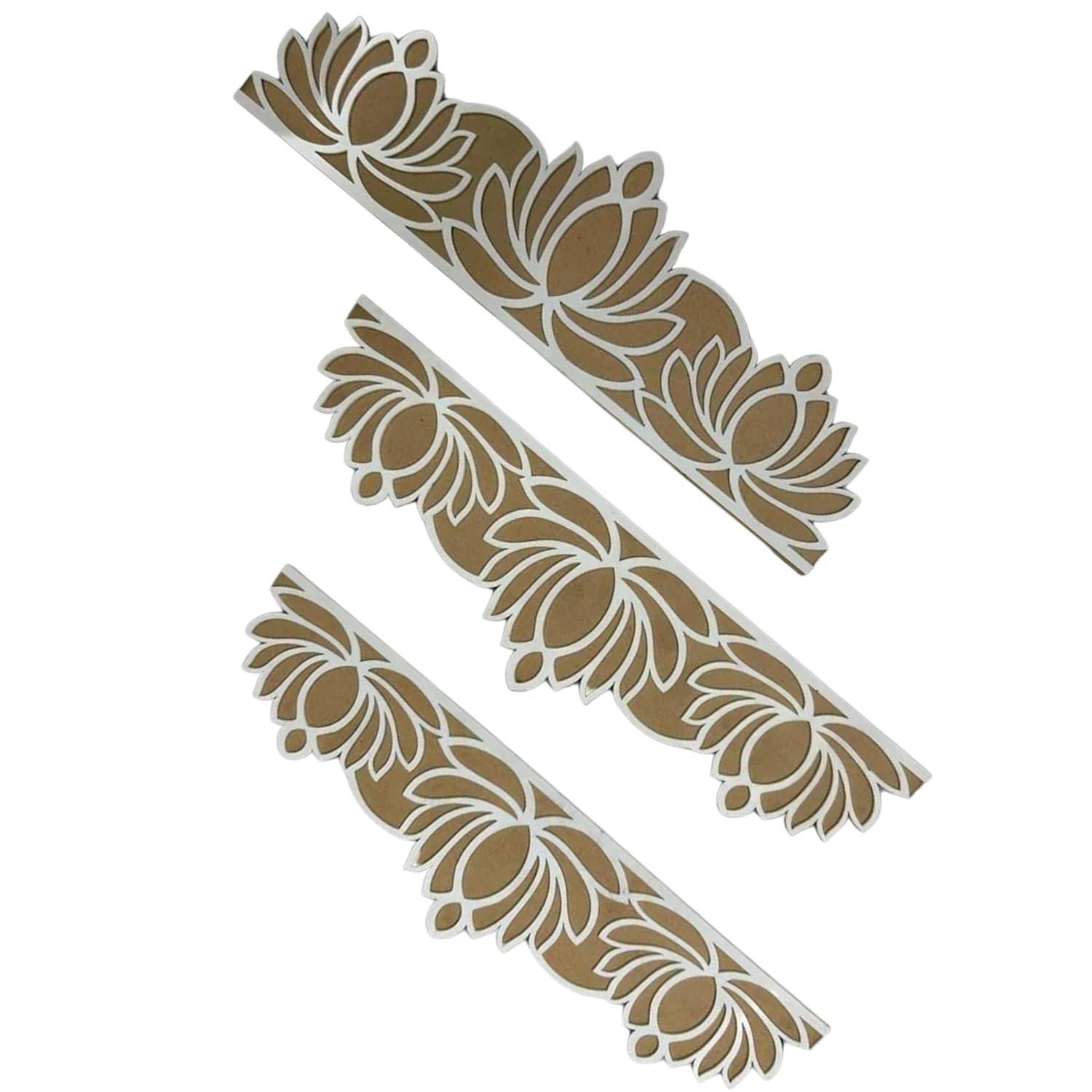 Three decorative stencils with floral patterns on a white background