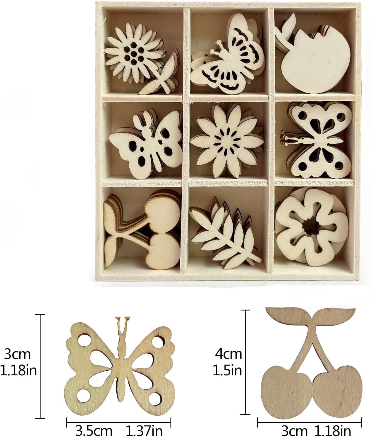 Set of wooden decorative pieces including butterflies, flowers, and cherries in a box with measurements displayed.