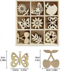 Set of wooden decorative pieces including butterflies, flowers, and cherries in a box with measurements displayed.