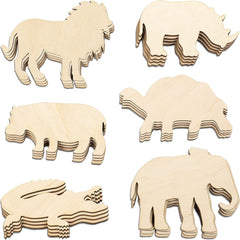 Set of wooden animal cutouts including a lion, rhino, elephant, hippo, and giraffe on a white background.