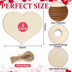Heart-shaped wooden cutout with measurements, thickness details, and hemp rope on a heart-themed background.