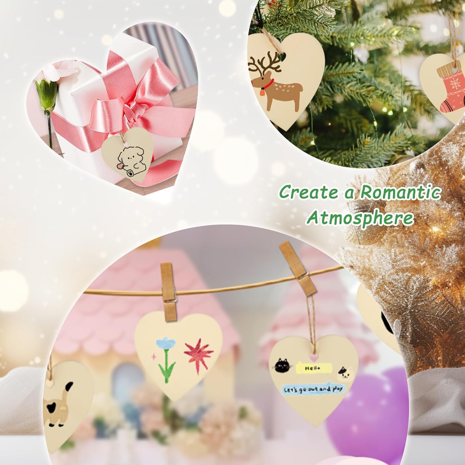 Heart-shaped decorations with cartoon designs on a white background.