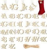 Wooden letters with snowflake designs hanging against a white background