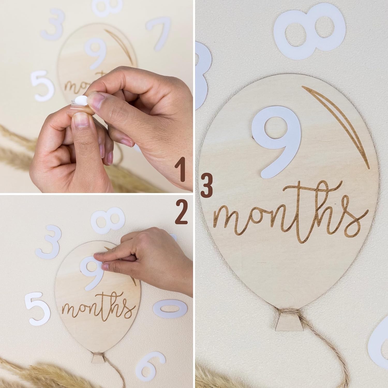 Collage of a wooden balloon with '9 months' text, being adjusted by hands.