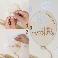 Collage of a wooden balloon with '9 months' text, being adjusted by hands.