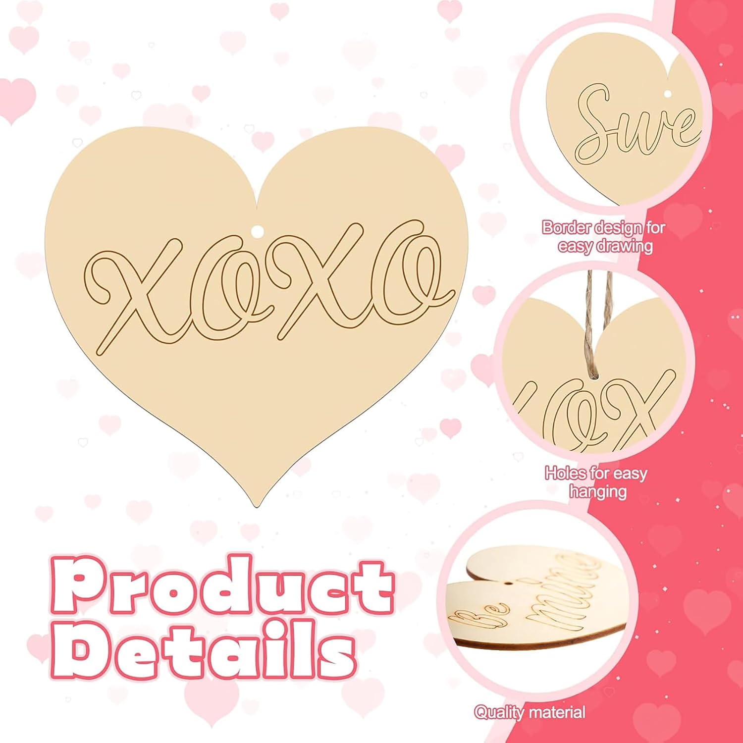 Heart-shaped wooden product with 'XOXO' and 'Sue' text on a pink background with heart patterns.