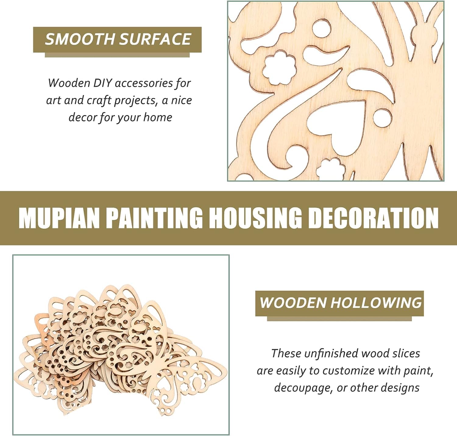 Wooden DIY accessories with decorative patterns for art and craft projects, featuring text on smooth surface and wooden hollowing.