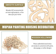 Wooden DIY accessories with decorative patterns for art and craft projects, featuring text on smooth surface and wooden hollowing.