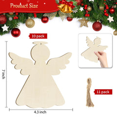 Wooden angel decorations with measurements and Christmas-themed background