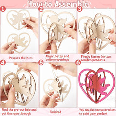 Step-by-step assembly guide for a heart-shaped wooden pendant with fairy design.