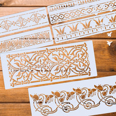 Pack of 6 Reusable Border Painting Stencils, Cherry Blossom, Moroccan & Greek Decorative Patterns for Wall Art, Crafts, Cliths