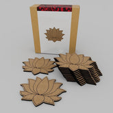 Lotus-shaped wooden coasters with a cardboard box on a gray background