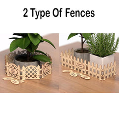 Two types of decorative wooden fences with plants on a wooden surface.