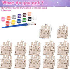 Wooden castle set with paint and brushes on a white background