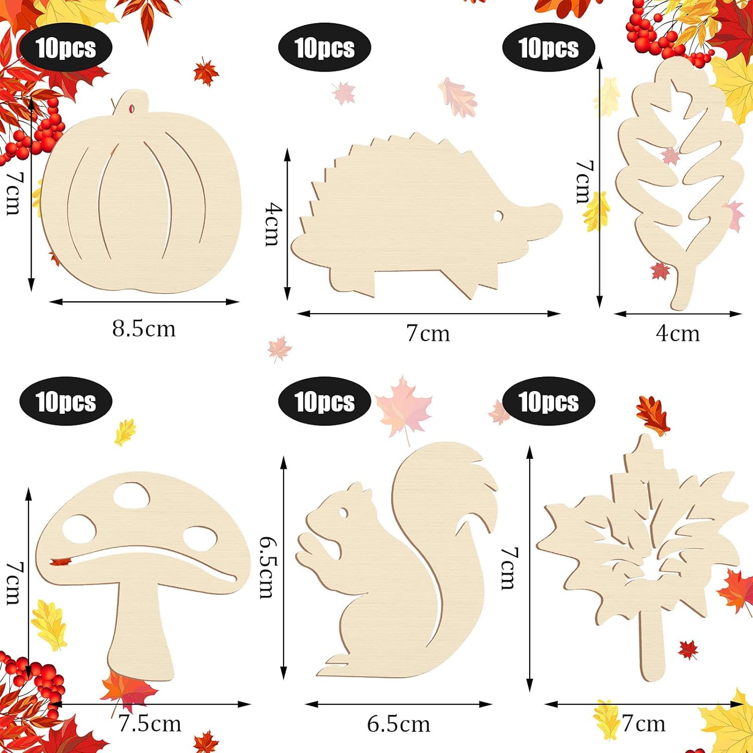 Set of wooden cutouts with measurements and autumn-themed decorations.