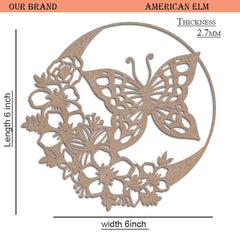 American Elm 6 Inch Round Butterfly Floral Wooden Cutout Intricate Moon Shape MDF Wall Art for DIY Craft Painting Projects Scrapbooking Home Decoration Festive Art and Room Accent Piece