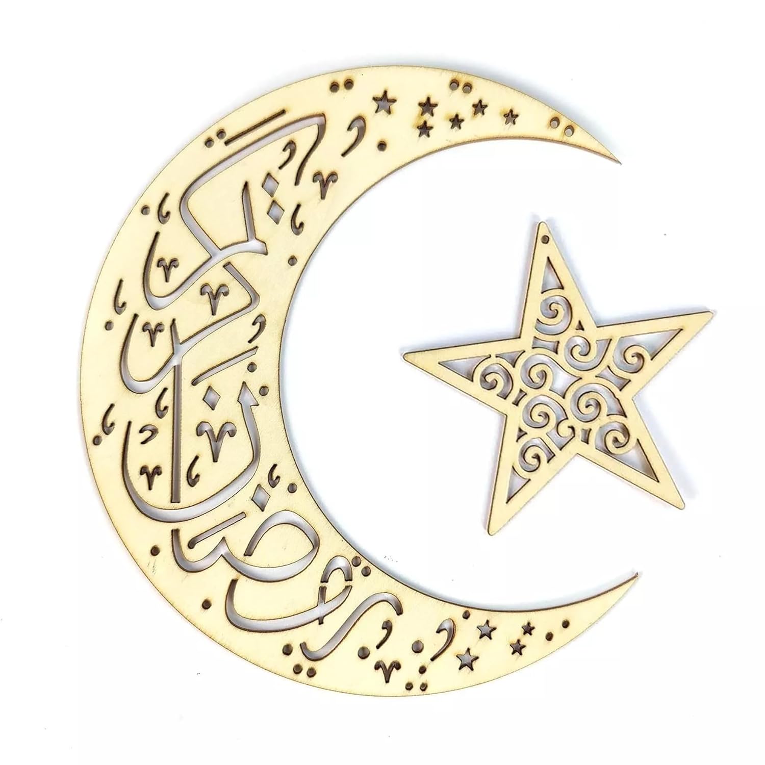 Decorative gold crescent moon and star with intricate patterns on a white background