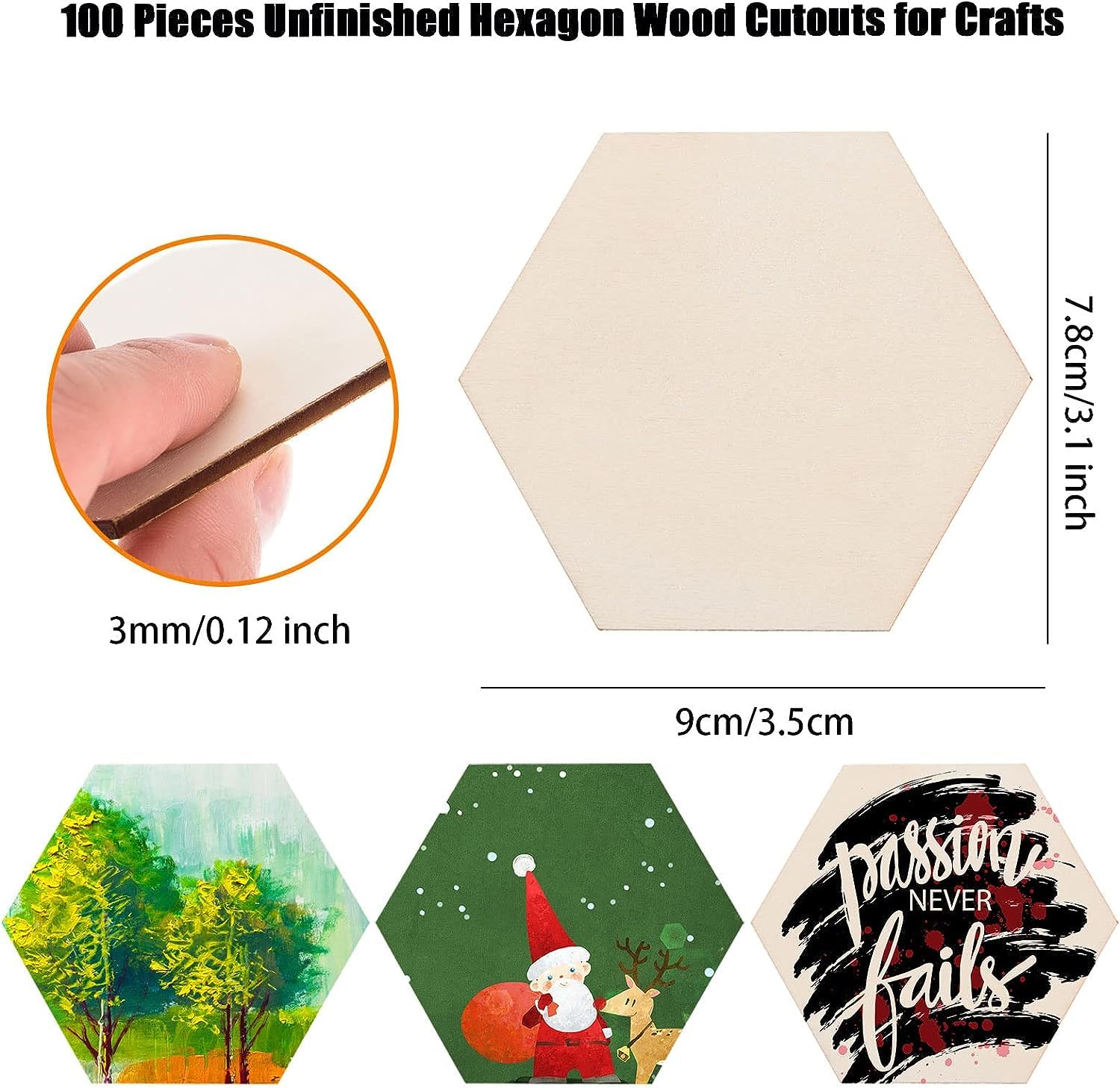 Unfinished hexagon wood cutouts for crafts with dimensions and examples of use.