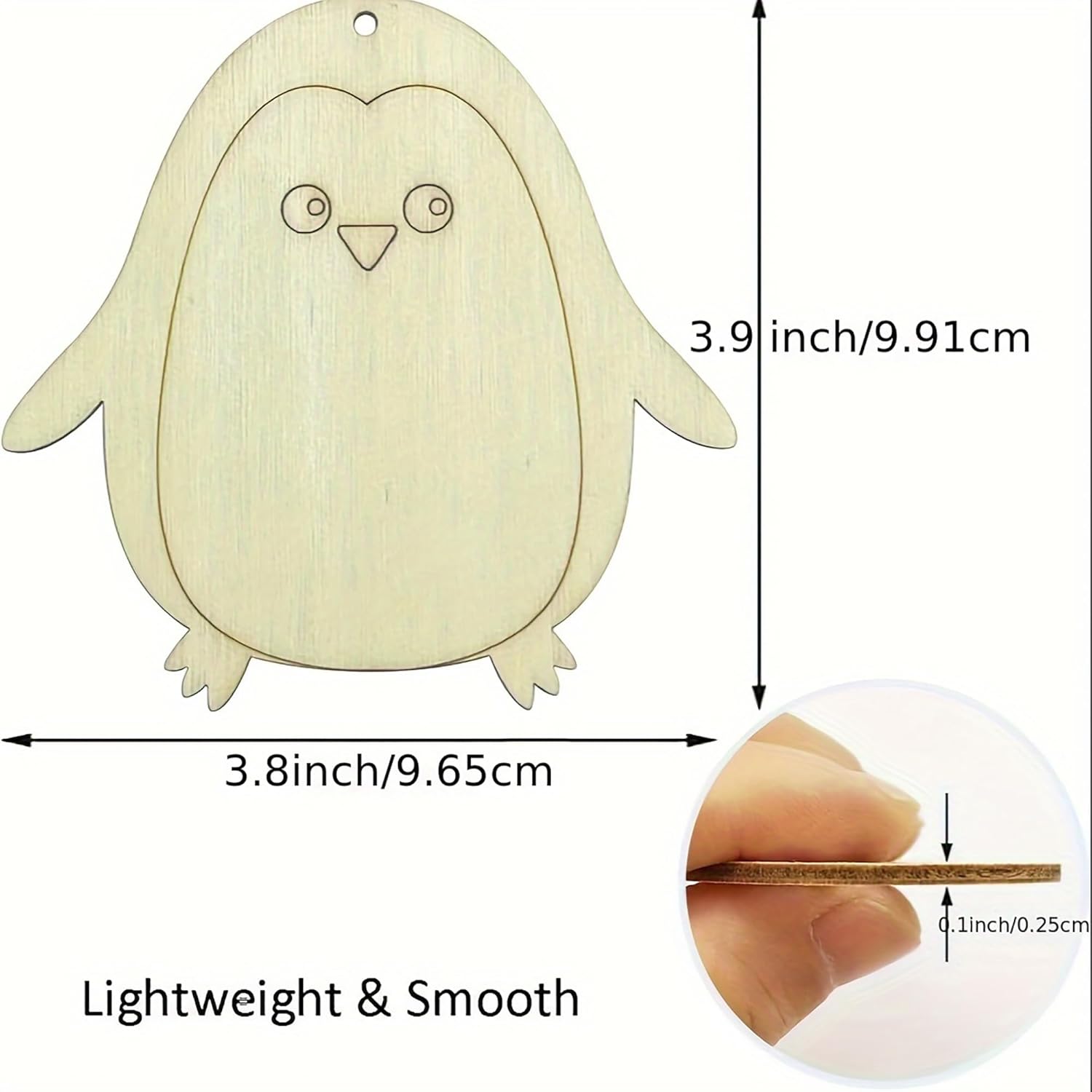Wooden penguin ornament with measurements and texture details on a white background